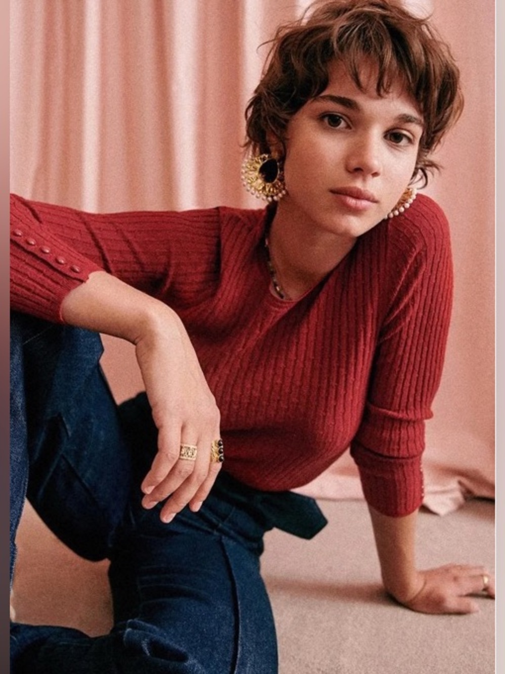 NWT Sezane Pull Dita Red Ribbed Long-Sleeve Sweater Size XS - Picture 2 of 12